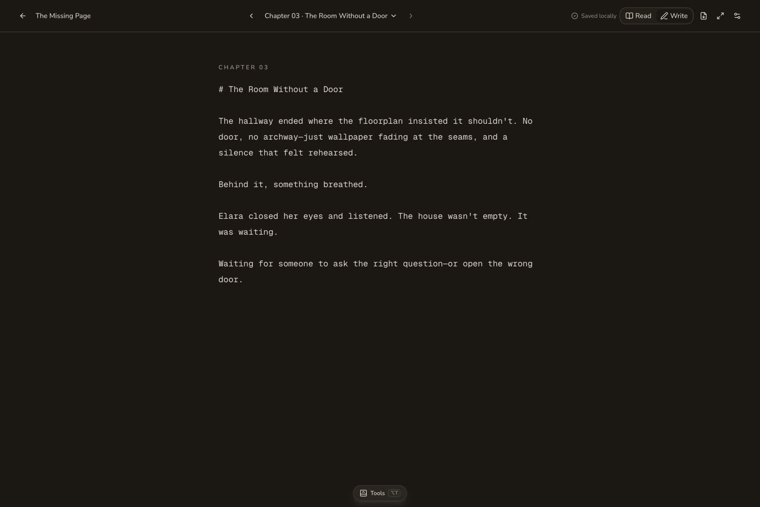 Awthor Markdown writing view open on a novel chapter